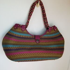 Eric Javits Pink and Tan Shoulder Bag with Woven Texture